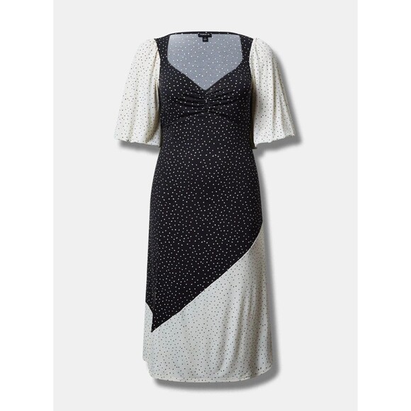 NWT Torrid Knit Mix Polka Dot Black White Maxi Dress Sz L Ruched Flutter Sleeve - Picture 1 of 8